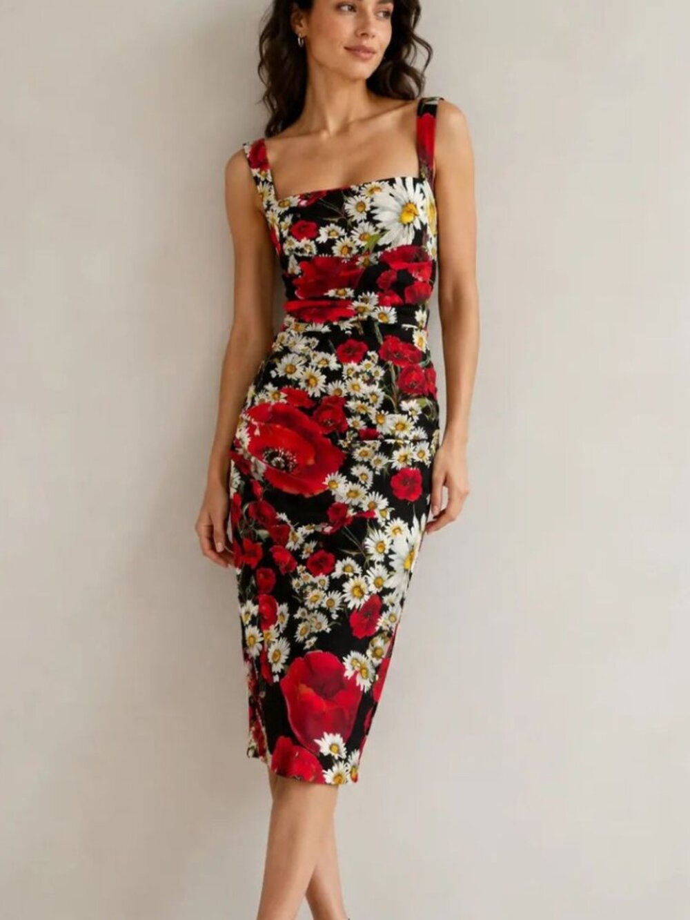 Dolce & Gabbana Silk Poppy Daisy Floral Ruched Midi Dress Size 38 IT / 2-4 US
